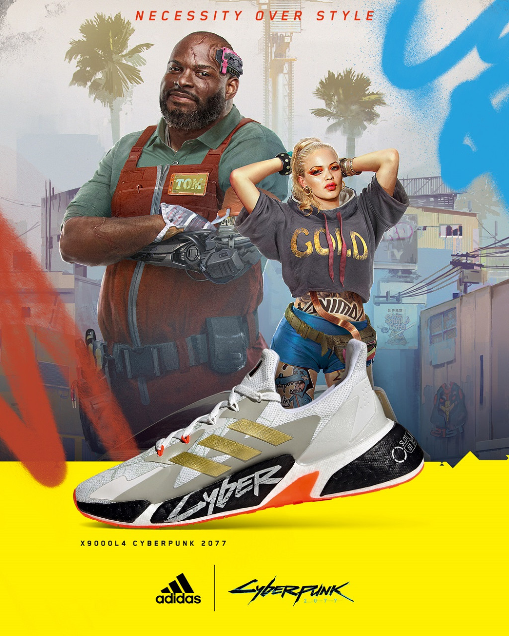 4.  adidas X9000 L4 x Cyberpunk 2077 第三款以搶眼金屬銀色覆蓋鞋身，鞋面暗藏機械紋路，完美輸出遊戲元素，迷幻以配色充分閃耀末日機能